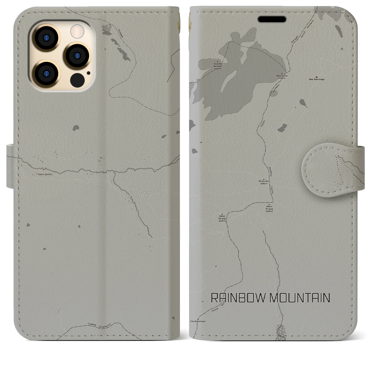 【レインボーマウンテン(ペルー)】地図柄iPhoneケース(手帳タイプ)モノトーン・iPhone 12 Pro Max 用