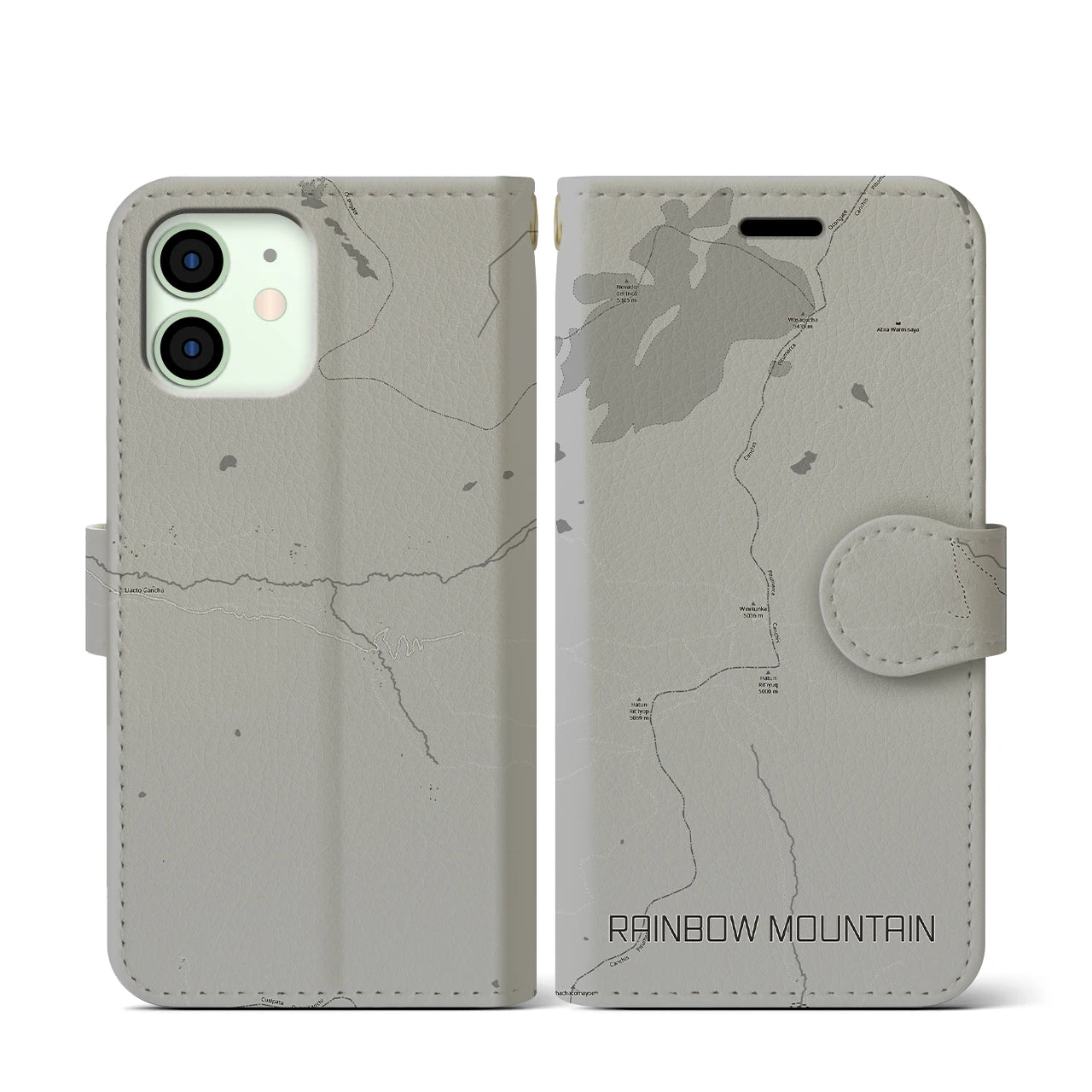 【レインボーマウンテン(ペルー)】地図柄iPhoneケース(手帳タイプ)モノトーン・iPhone 12 mini 用