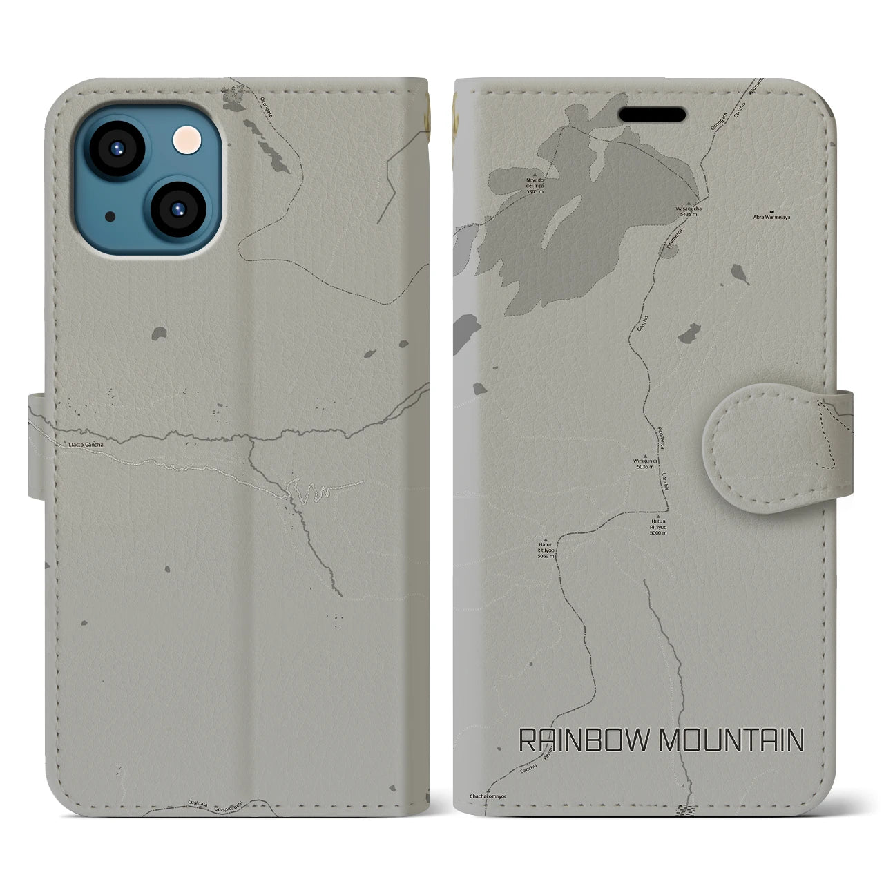 【レインボーマウンテン(ペルー)】地図柄iPhoneケース(手帳タイプ)モノトーン・iPhone 13 用