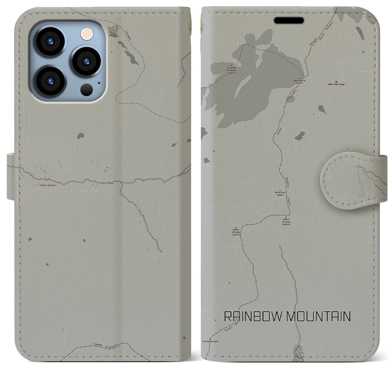 【レインボーマウンテン(ペルー)】地図柄iPhoneケース(手帳タイプ)モノトーン・iPhone 13 Pro Max 用