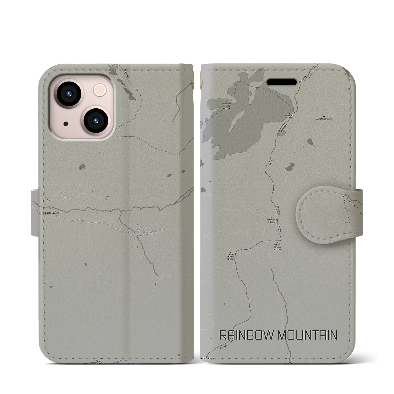 【レインボーマウンテン(ペルー)】地図柄iPhoneケース(手帳タイプ)モノトーン・iPhone 13 mini 用