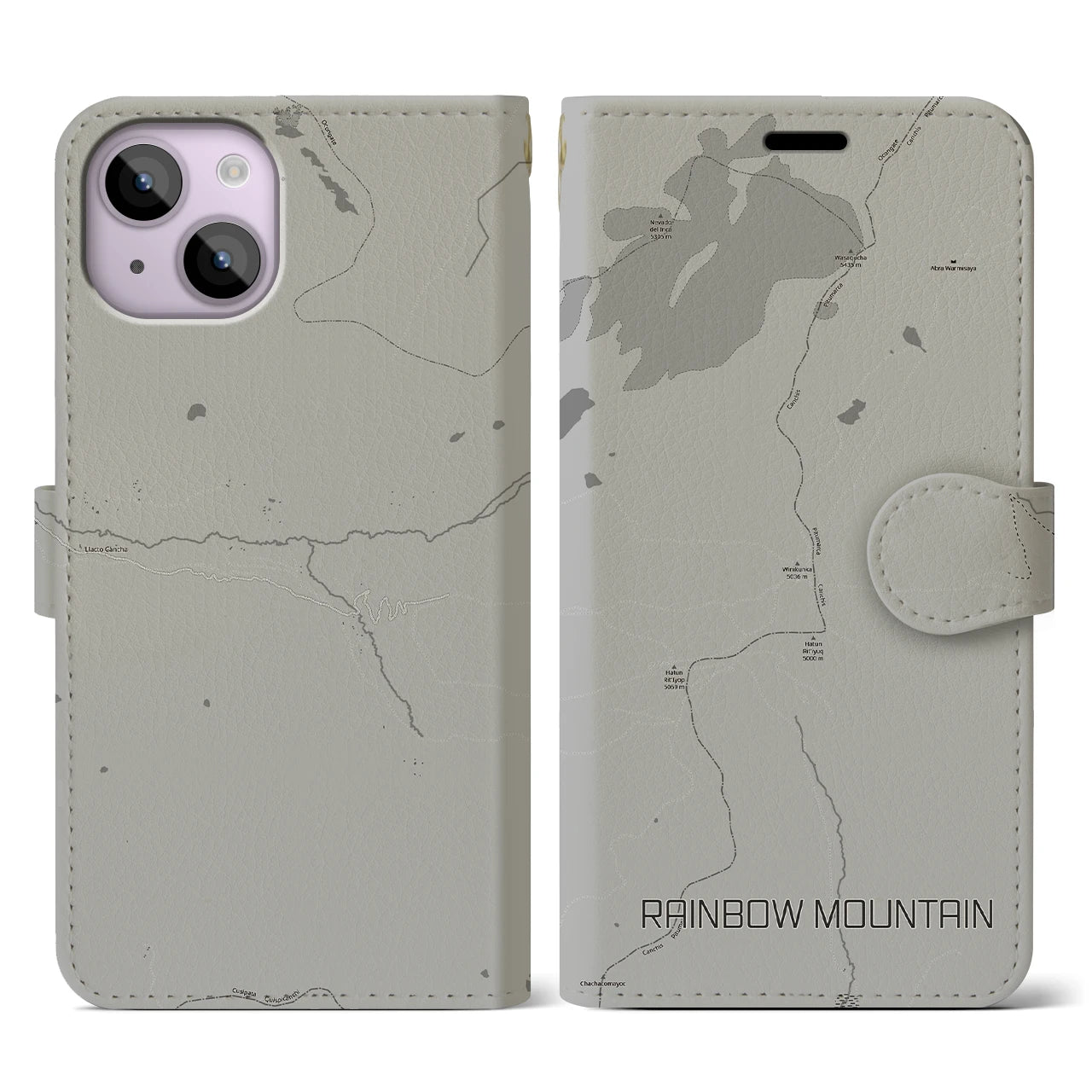 【レインボーマウンテン(ペルー)】地図柄iPhoneケース(手帳タイプ)モノトーン・iPhone 14 用
