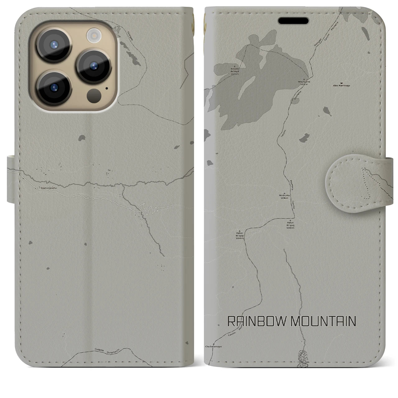 【レインボーマウンテン(ペルー)】地図柄iPhoneケース(手帳タイプ)モノトーン・iPhone 14 Pro Max 用
