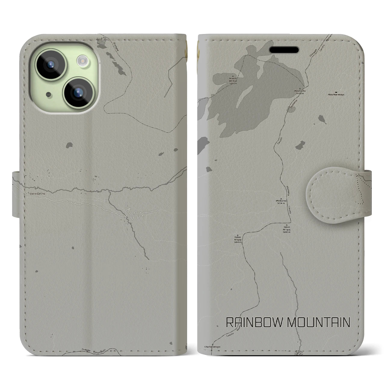 【レインボーマウンテン(ペルー)】地図柄iPhoneケース(手帳タイプ)モノトーン・iPhone 15 用