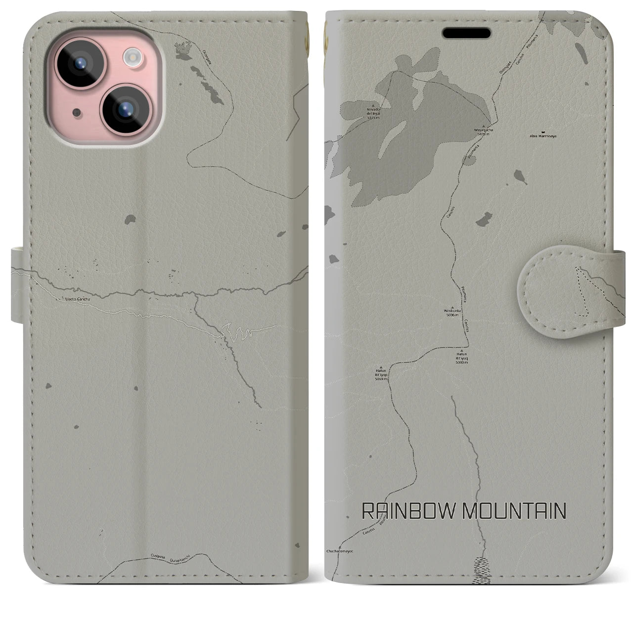 【レインボーマウンテン(ペルー)】地図柄iPhoneケース(手帳タイプ)モノトーン・iPhone 15 Plus 用