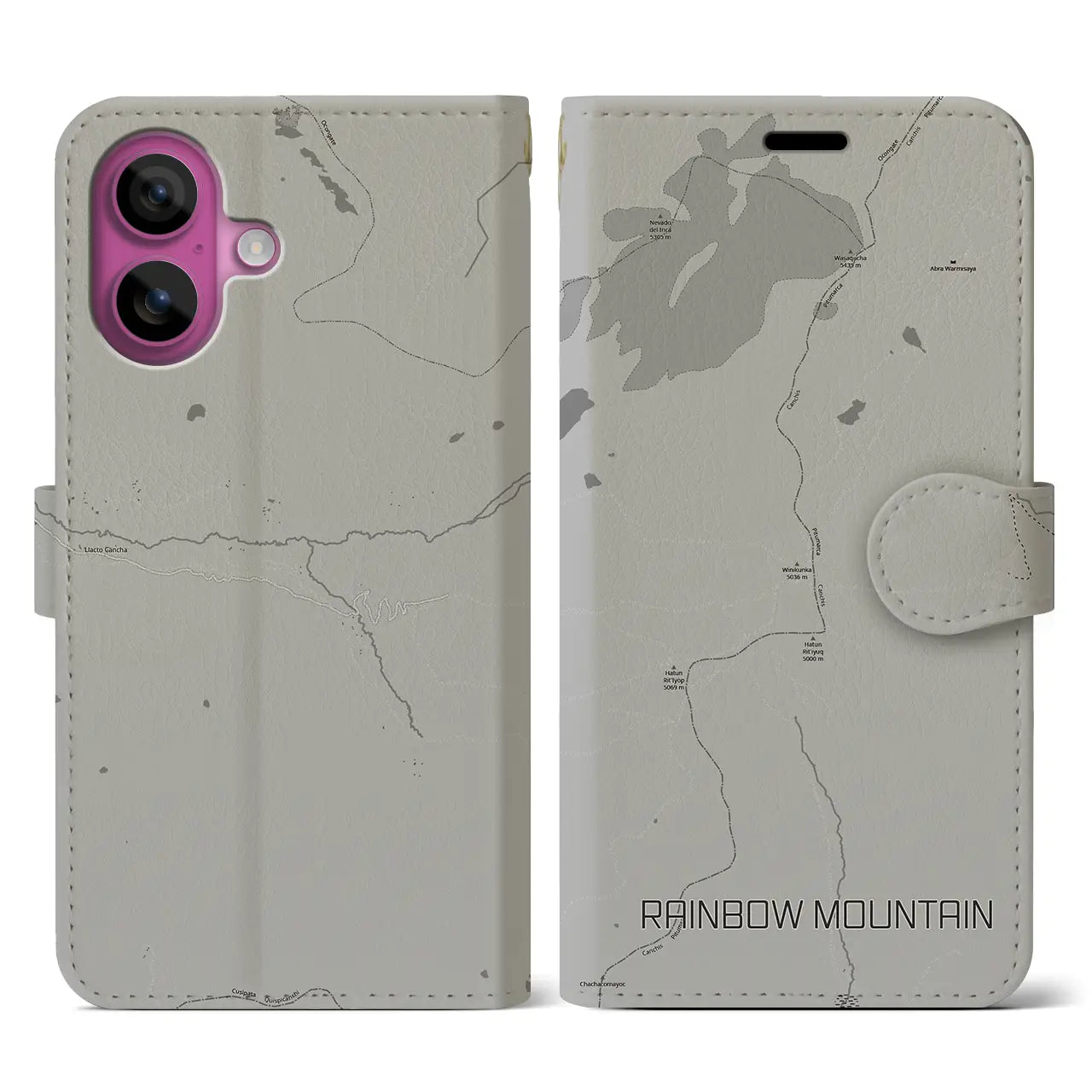 【レインボーマウンテン(ペルー)】地図柄iPhoneケース(手帳タイプ)モノトーン・iPhone 16 Pro 用