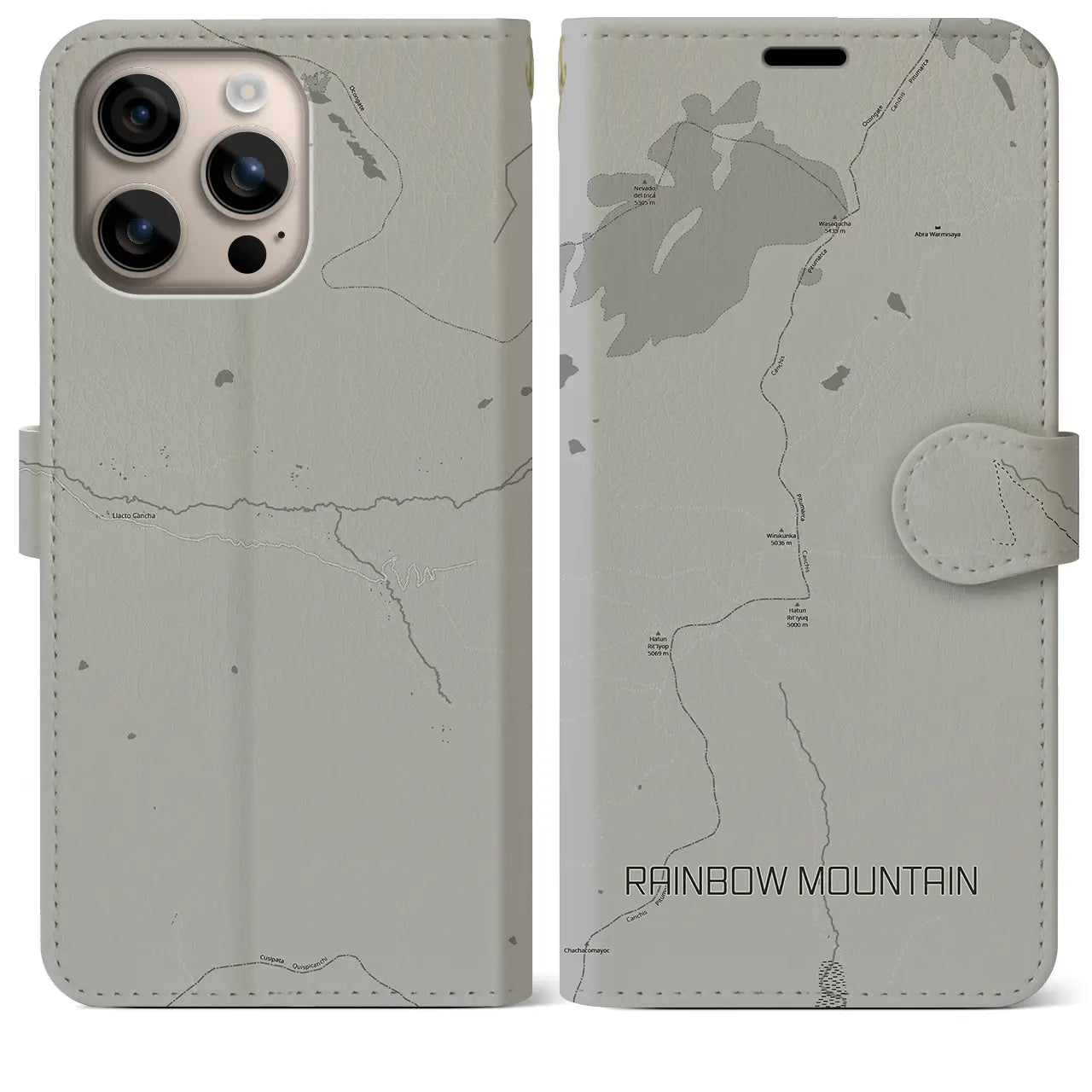 【レインボーマウンテン(ペルー)】地図柄iPhoneケース(手帳タイプ)モノトーン・iPhone 16 Plus 用