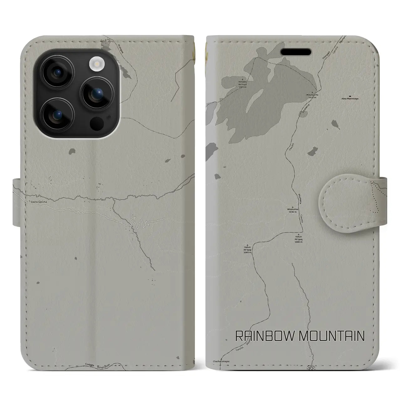 【レインボーマウンテン(ペルー)】地図柄iPhoneケース(手帳タイプ)モノトーン・iPhone 16 用