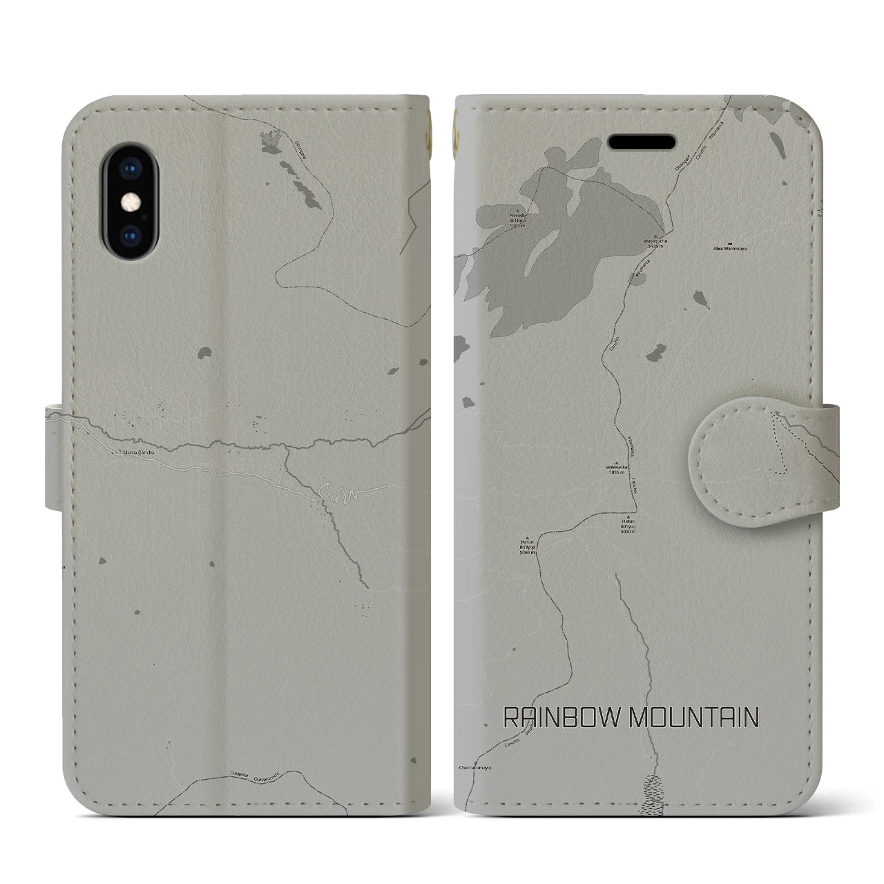 【レインボーマウンテン(ペルー)】地図柄iPhoneケース(手帳タイプ)モノトーン・iPhone XS / X 用