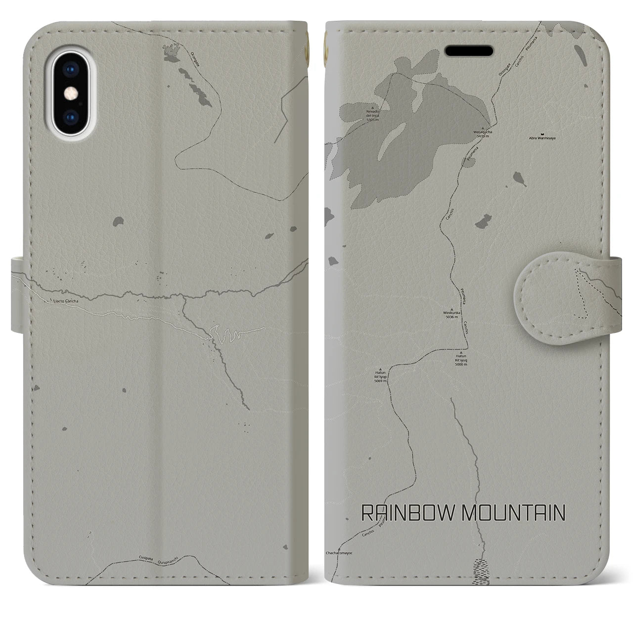 【レインボーマウンテン(ペルー)】地図柄iPhoneケース(手帳タイプ)モノトーン・iPhone XS Max 用