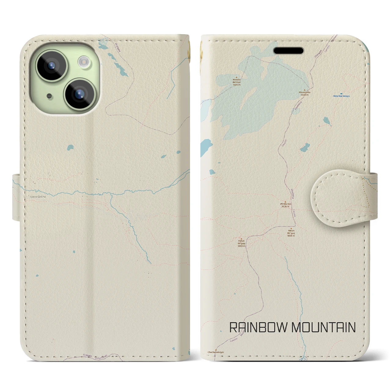 【レインボーマウンテン(ペルー)】地図柄iPhoneケース(手帳タイプ)ナチュラル・iPhone 15 用