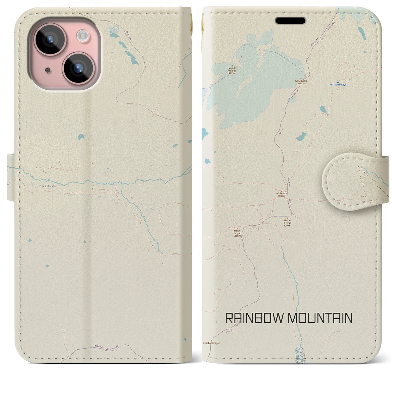 【レインボーマウンテン(ペルー)】地図柄iPhoneケース(手帳タイプ)ナチュラル・iPhone 15 Plus 用