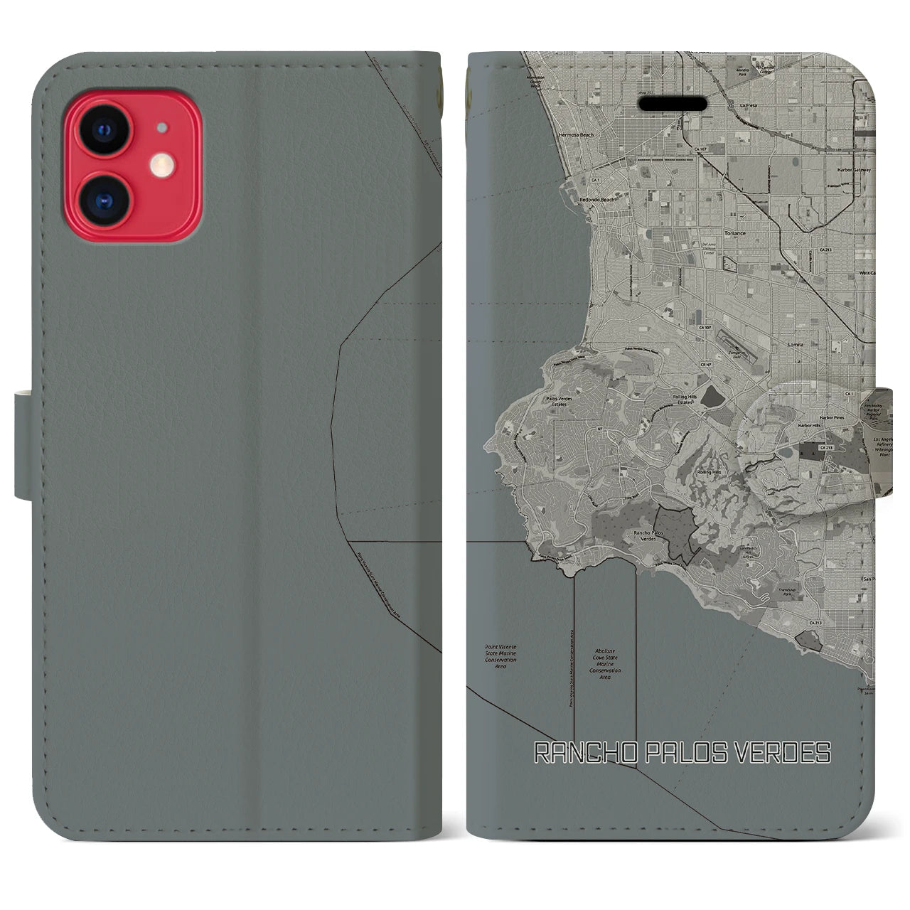 【ランチョ・パロス・ベルデス(アメリカ)】地図柄iPhoneケース(手帳タイプ)モノトーン・iPhone 11 用