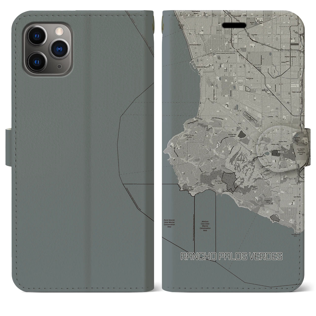 【ランチョ・パロス・ベルデス(アメリカ)】地図柄iPhoneケース(手帳タイプ)モノトーン・iPhone 11 Pro Max 用