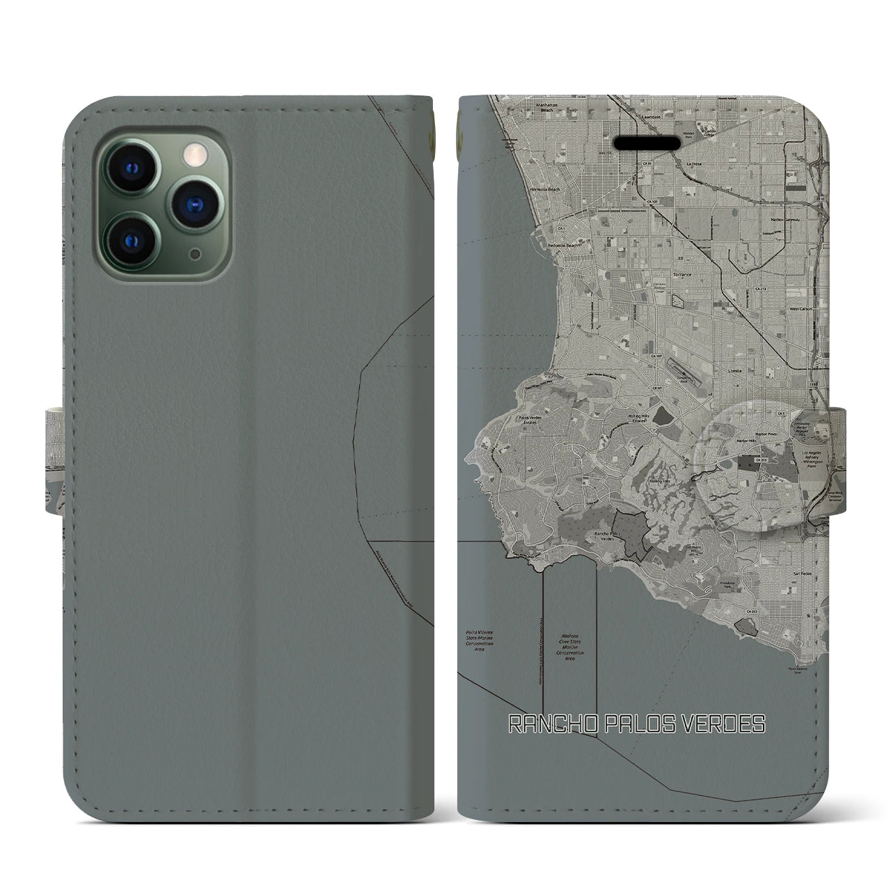 【ランチョ・パロス・ベルデス(アメリカ)】地図柄iPhoneケース(手帳タイプ)モノトーン・iPhone 11 Pro 用