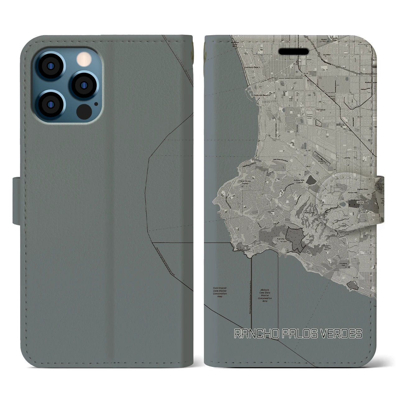 【ランチョ・パロス・ベルデス(アメリカ)】地図柄iPhoneケース(手帳タイプ)モノトーン・iPhone 12 / 12 Pro 用