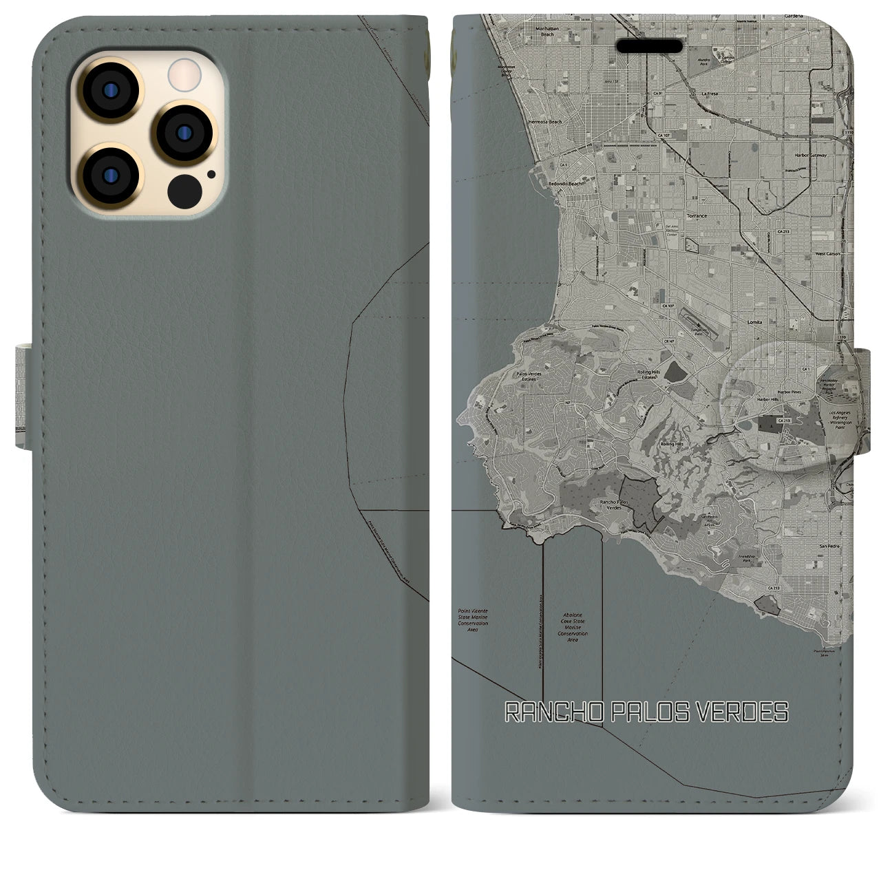 【ランチョ・パロス・ベルデス(アメリカ)】地図柄iPhoneケース(手帳タイプ)モノトーン・iPhone 12 Pro Max 用