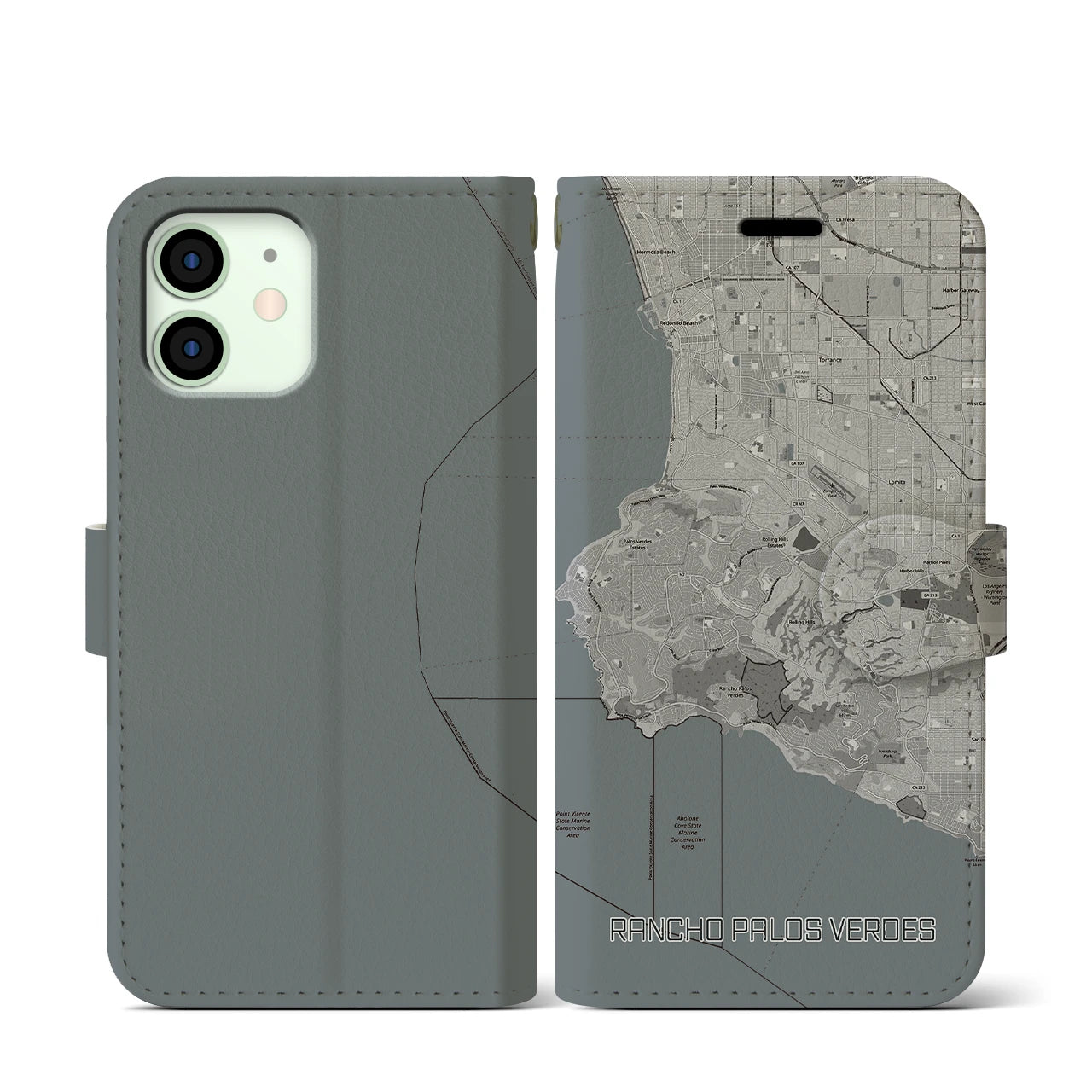 【ランチョ・パロス・ベルデス(アメリカ)】地図柄iPhoneケース(手帳タイプ)モノトーン・iPhone 12 mini 用