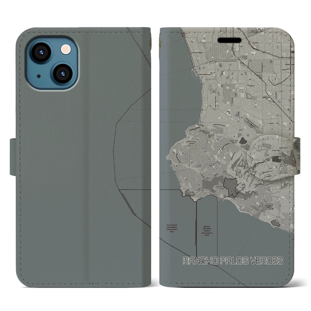 【ランチョ・パロス・ベルデス(アメリカ)】地図柄iPhoneケース(手帳タイプ)モノトーン・iPhone 13 用