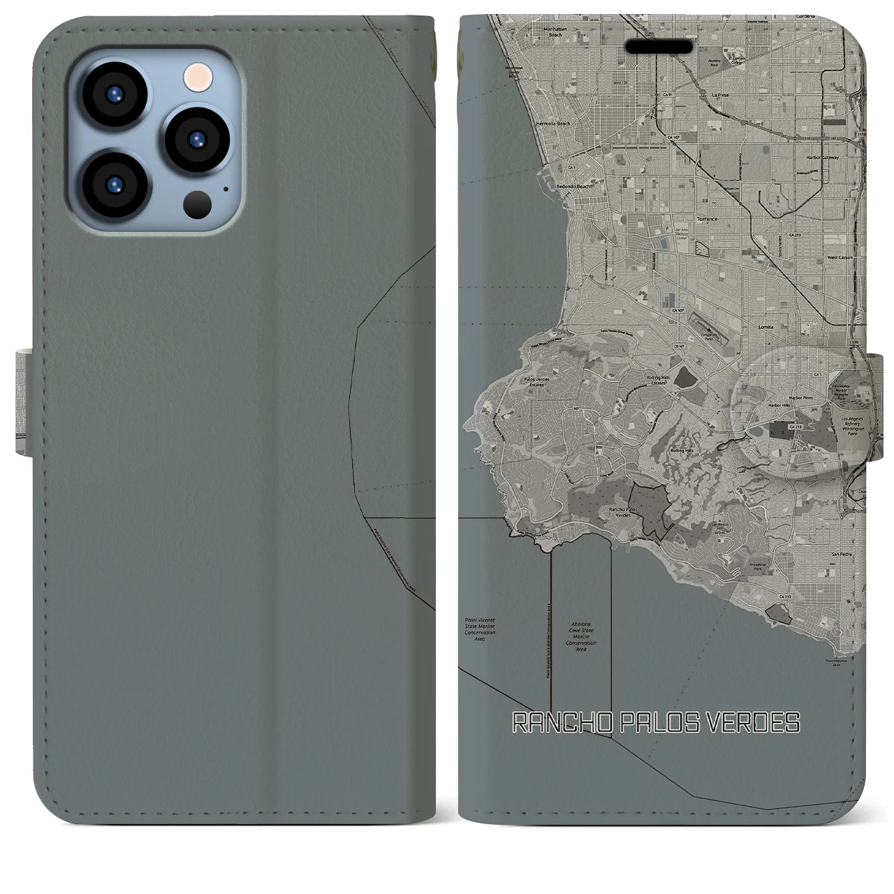 【ランチョ・パロス・ベルデス(アメリカ)】地図柄iPhoneケース(手帳タイプ)モノトーン・iPhone 13 Pro Max 用
