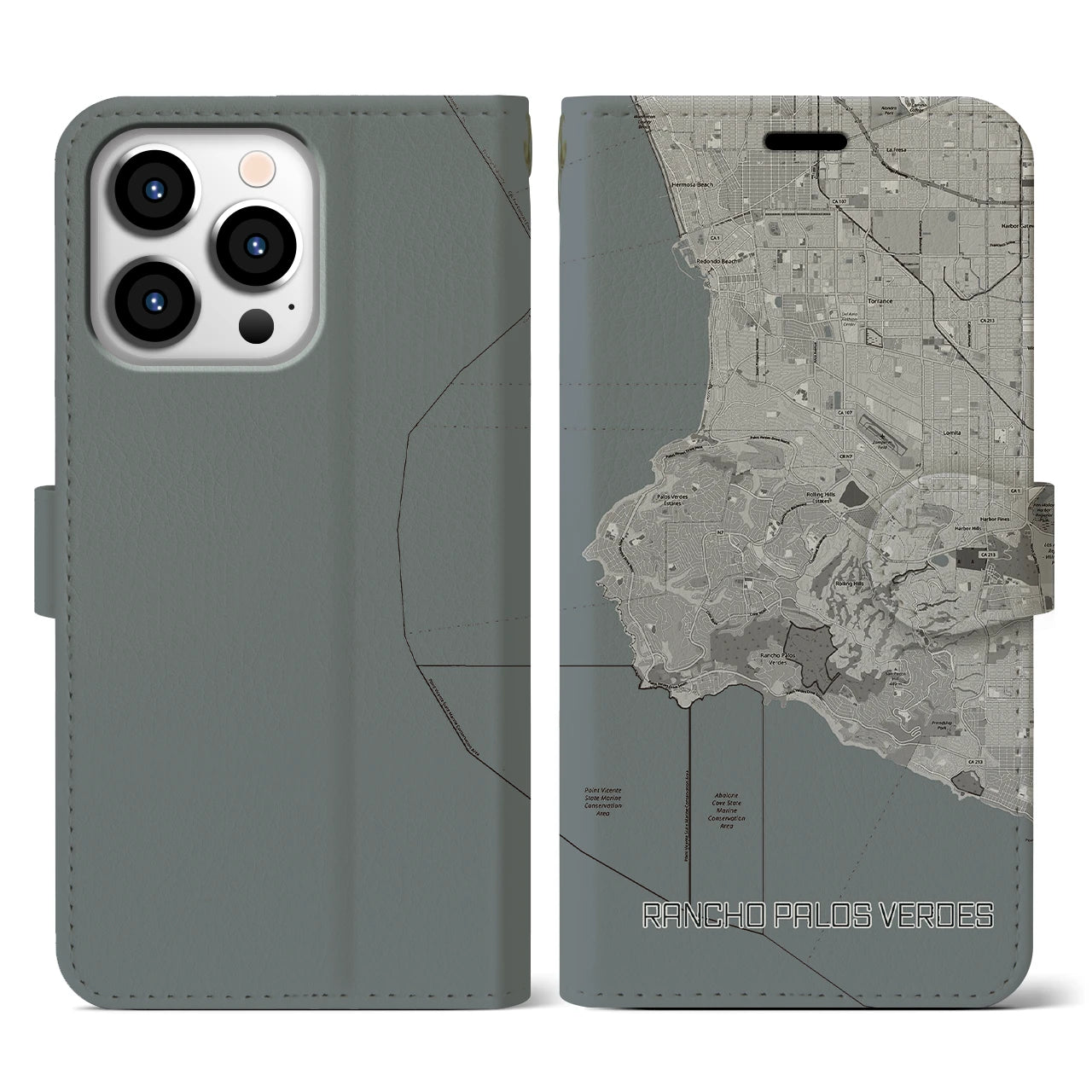 【ランチョ・パロス・ベルデス(アメリカ)】地図柄iPhoneケース(手帳タイプ)モノトーン・iPhone 13 Pro 用