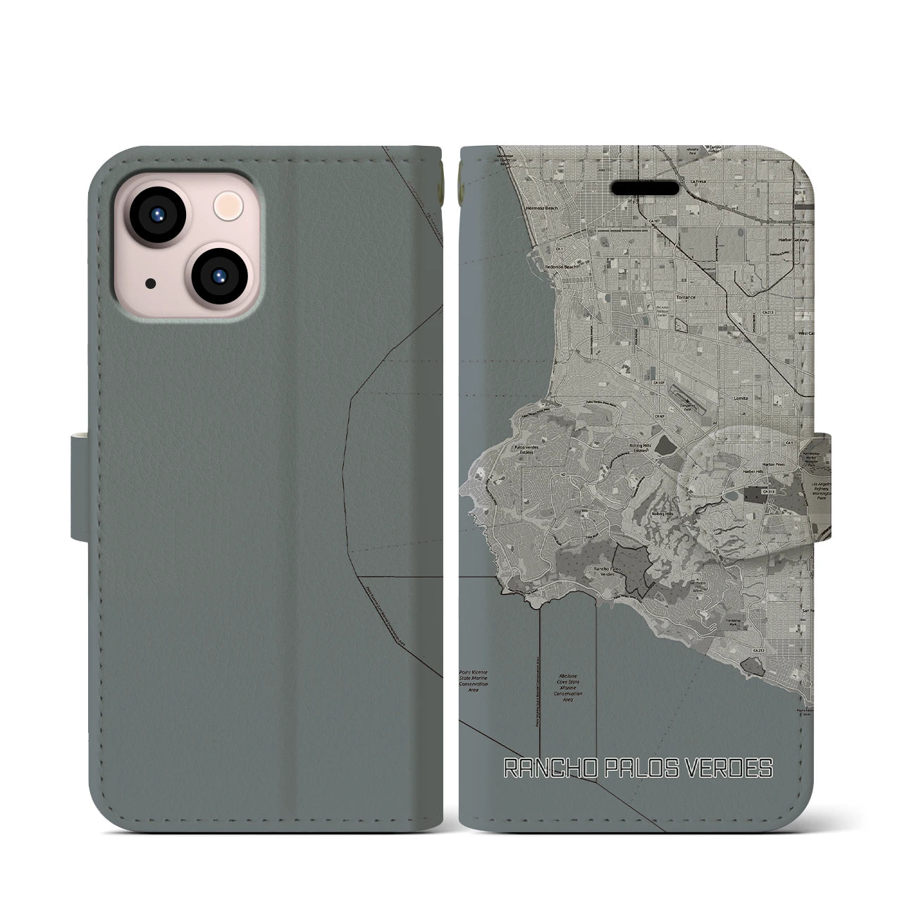 【ランチョ・パロス・ベルデス(アメリカ)】地図柄iPhoneケース(手帳タイプ)モノトーン・iPhone 13 mini 用