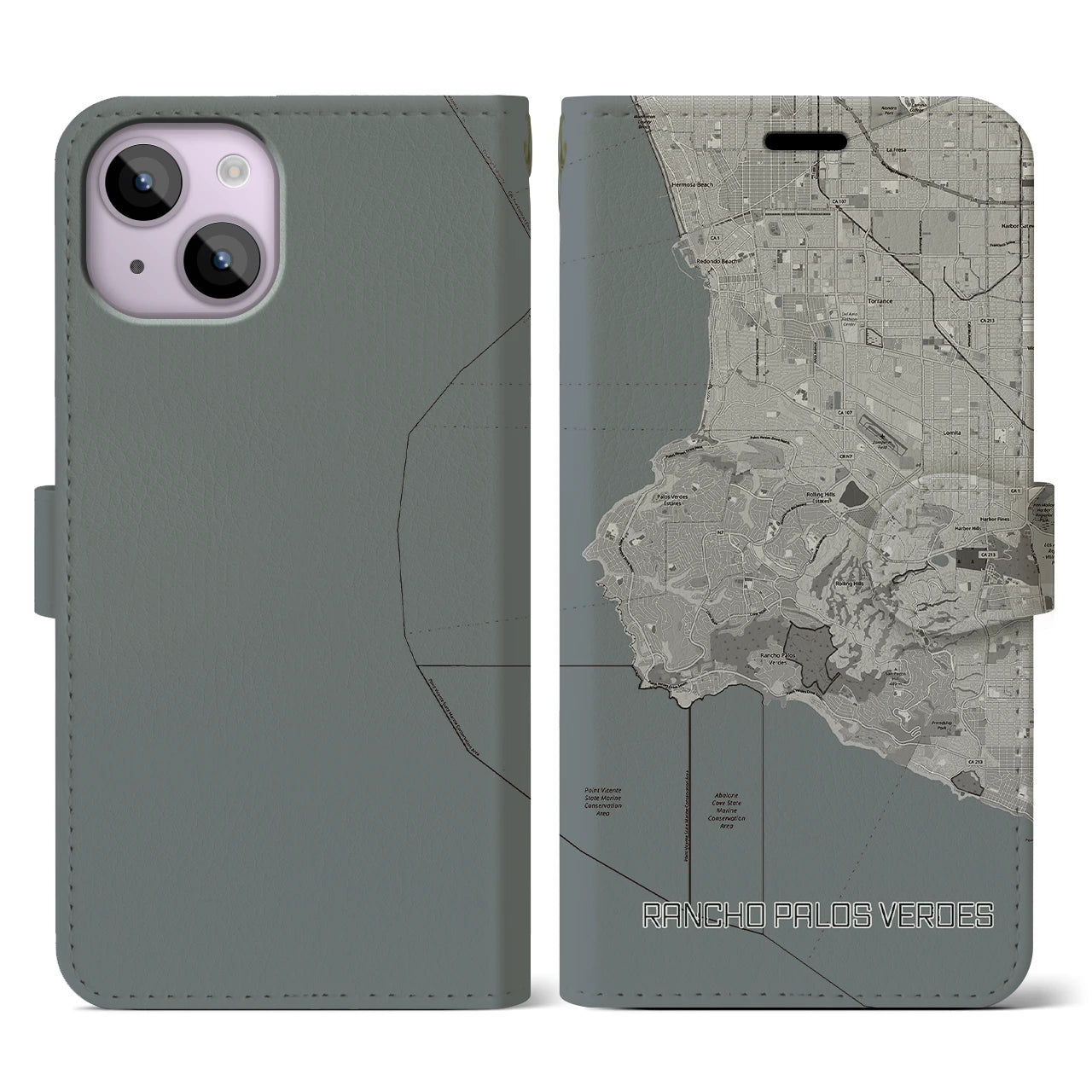 【ランチョ・パロス・ベルデス(アメリカ)】地図柄iPhoneケース(手帳タイプ)モノトーン・iPhone 14 用