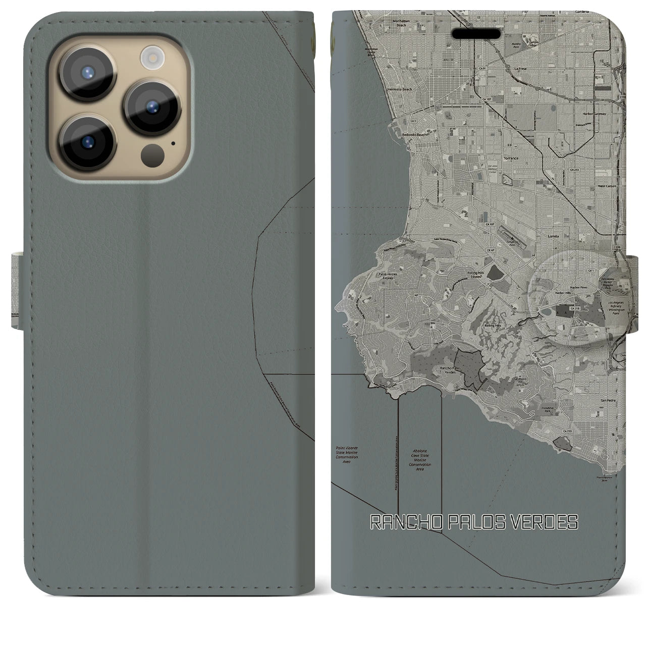 【ランチョ・パロス・ベルデス(アメリカ)】地図柄iPhoneケース(手帳タイプ)モノトーン・iPhone 14 Pro Max 用