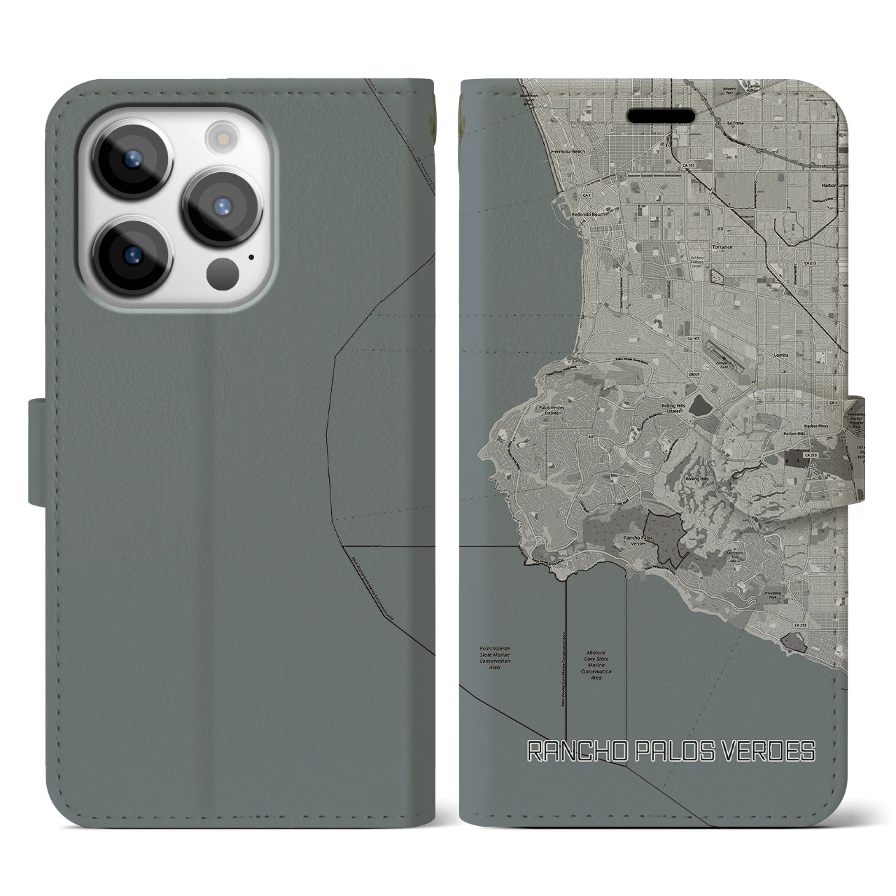 【ランチョ・パロス・ベルデス(アメリカ)】地図柄iPhoneケース(手帳タイプ)モノトーン・iPhone 14 Pro 用