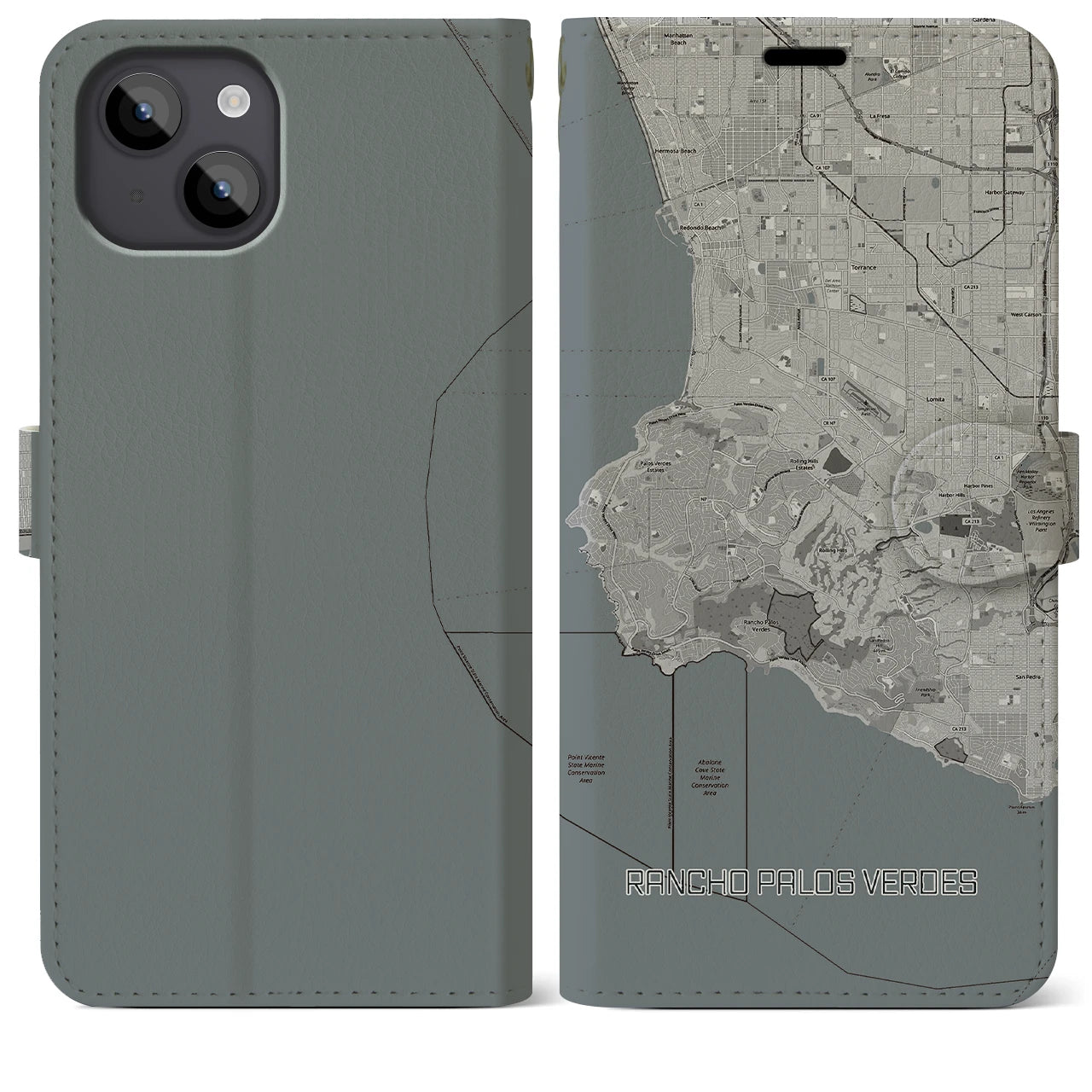 【ランチョ・パロス・ベルデス(アメリカ)】地図柄iPhoneケース(手帳タイプ)モノトーン・iPhone 14 Plus 用
