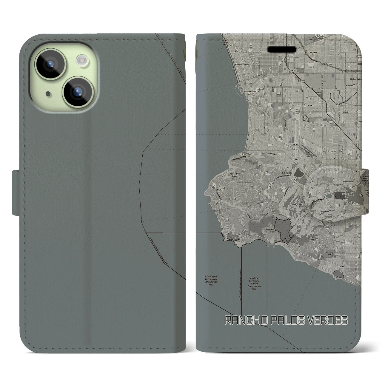 【ランチョ・パロス・ベルデス(アメリカ)】地図柄iPhoneケース(手帳タイプ)モノトーン・iPhone 15 用