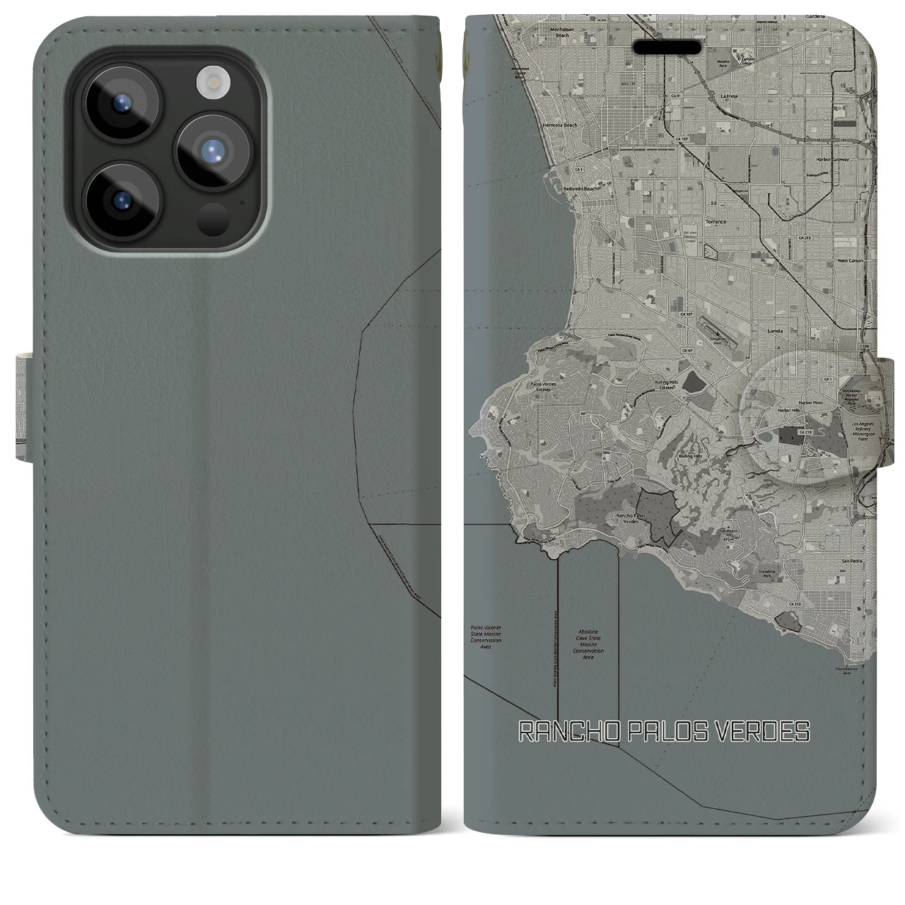 【ランチョ・パロス・ベルデス(アメリカ)】地図柄iPhoneケース(手帳タイプ)モノトーン・iPhone 15 Pro Max 用