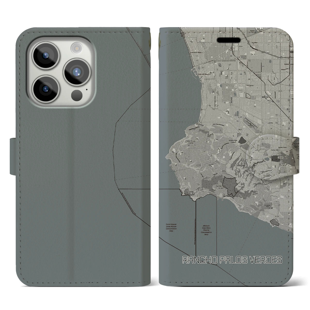 【ランチョ・パロス・ベルデス(アメリカ)】地図柄iPhoneケース(手帳タイプ)モノトーン・iPhone 15 Pro 用