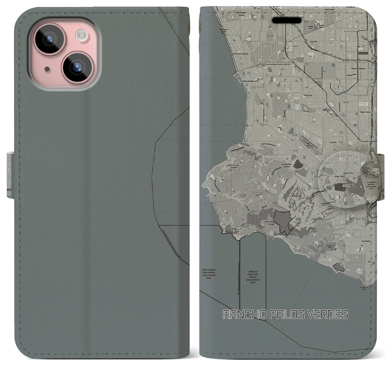 【ランチョ・パロス・ベルデス(アメリカ)】地図柄iPhoneケース(手帳タイプ)モノトーン・iPhone 15 Plus 用