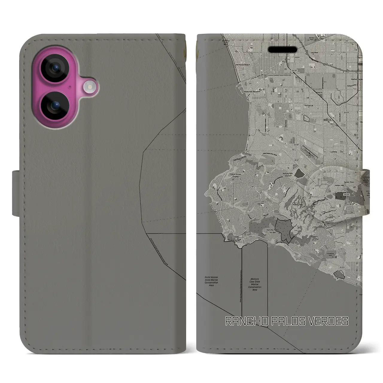 【ランチョ・パロス・ベルデス(アメリカ)】地図柄iPhoneケース(手帳タイプ)モノトーン・iPhone 16 Pro 用