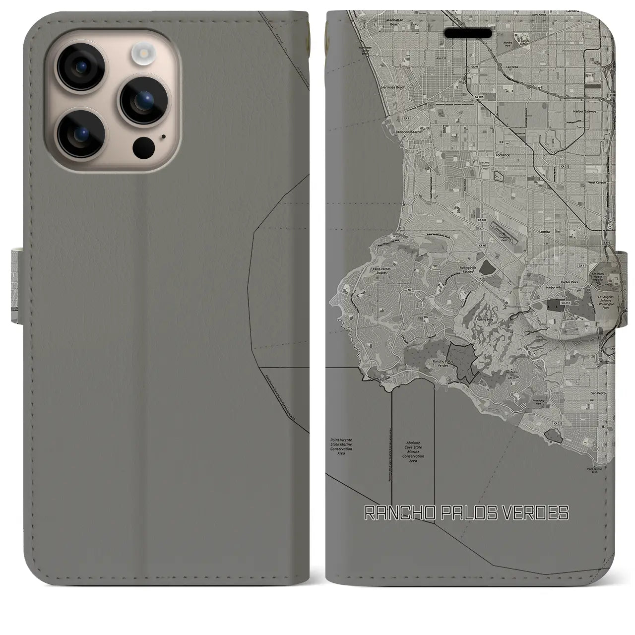 【ランチョ・パロス・ベルデス(アメリカ)】地図柄iPhoneケース(手帳タイプ)モノトーン・iPhone 16 Plus 用