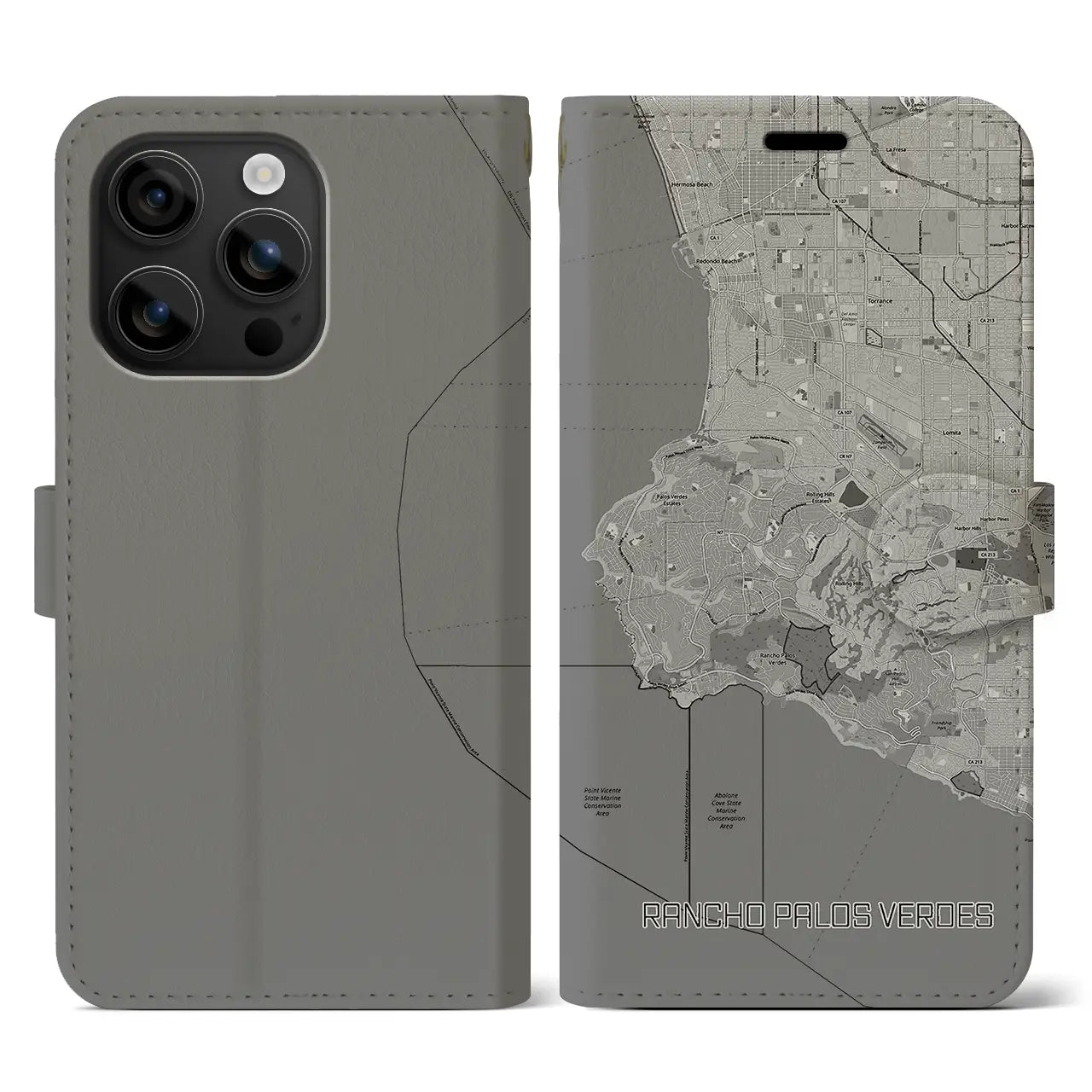 【ランチョ・パロス・ベルデス(アメリカ)】地図柄iPhoneケース(手帳タイプ)モノトーン・iPhone 16 用