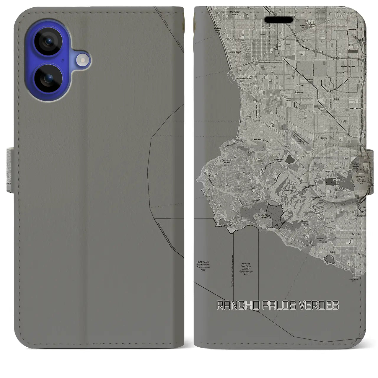 【ランチョ・パロス・ベルデス(アメリカ)】地図柄iPhoneケース(手帳タイプ)モノトーン・iPhone 16 Pro Max 用