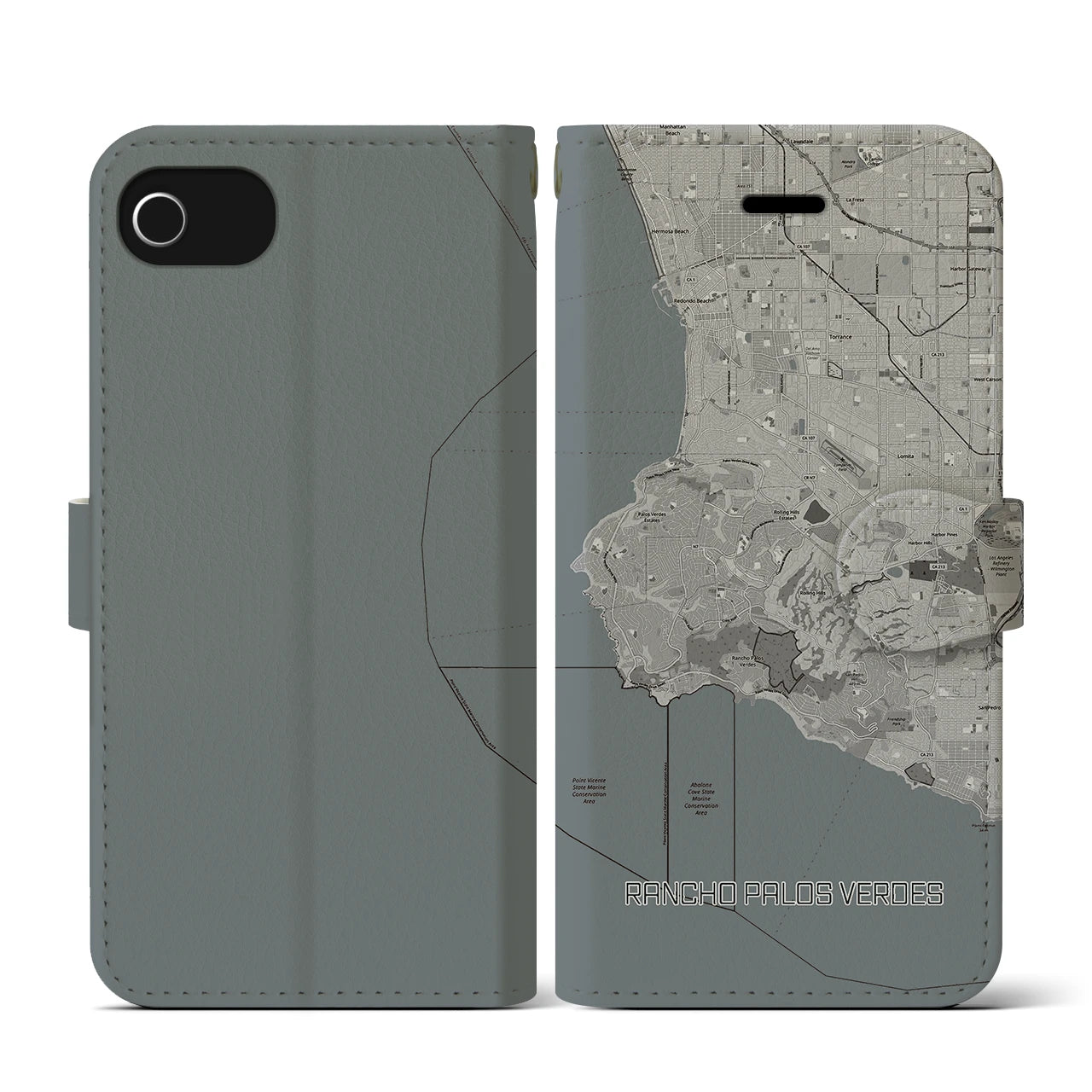 【ランチョ・パロス・ベルデス(アメリカ)】地図柄iPhoneケース(手帳タイプ)モノトーン・iPhone SE(第3 / 第2世代) / 8 / 7 / 6s / 6 用