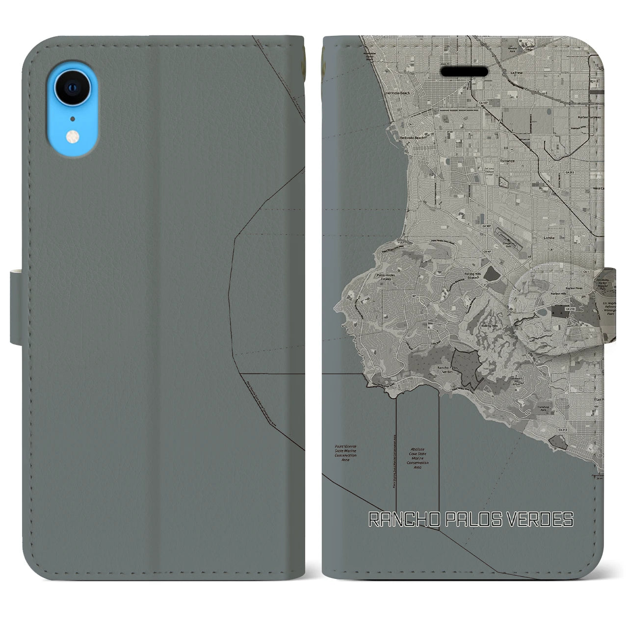 【ランチョ・パロス・ベルデス(アメリカ)】地図柄iPhoneケース(手帳タイプ)モノトーン・iPhone XR 用
