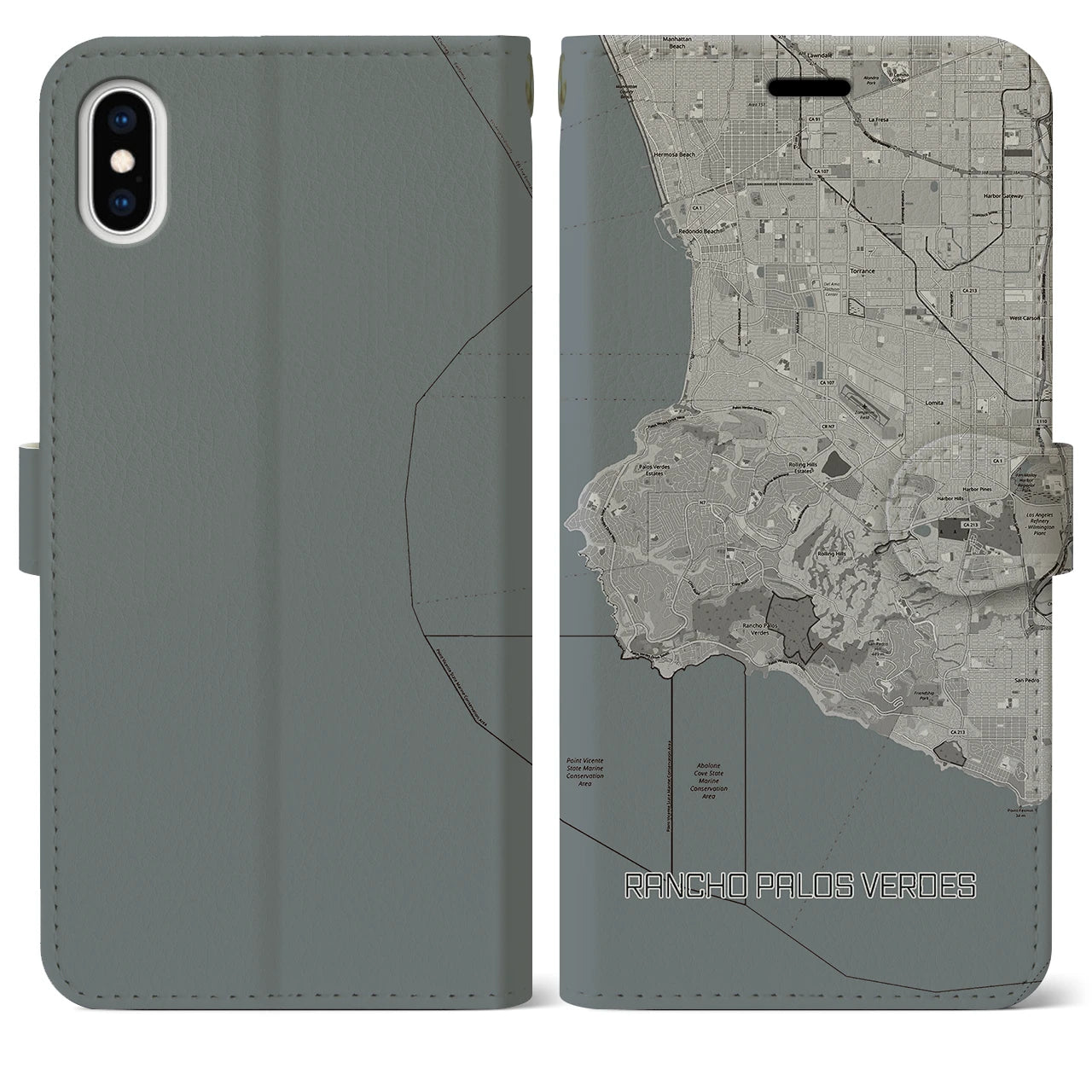 【ランチョ・パロス・ベルデス(アメリカ)】地図柄iPhoneケース(手帳タイプ)モノトーン・iPhone XS Max 用