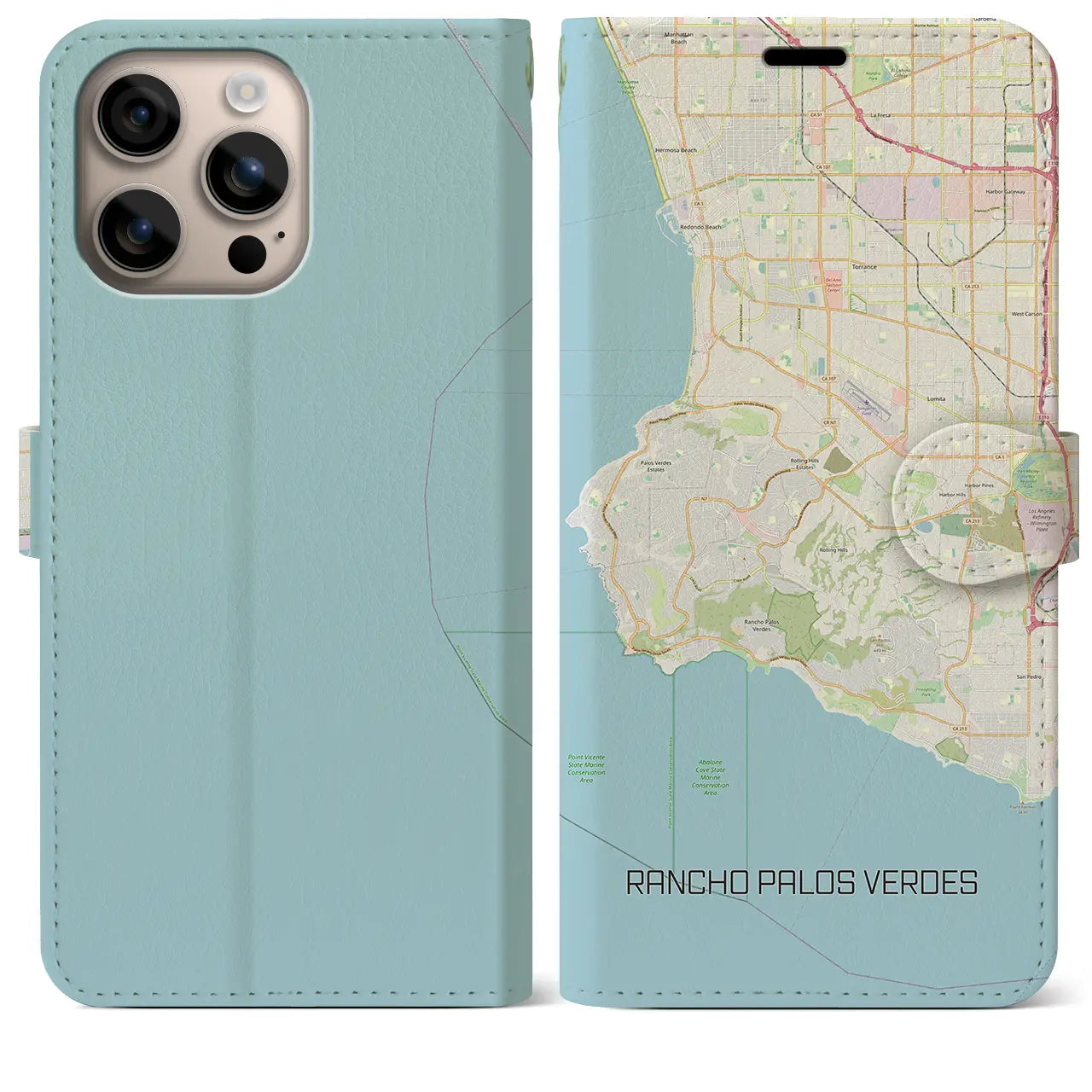 【ランチョ・パロス・ベルデス(アメリカ)】地図柄iPhoneケース(手帳タイプ)ナチュラル・iPhone 16 Plus 用