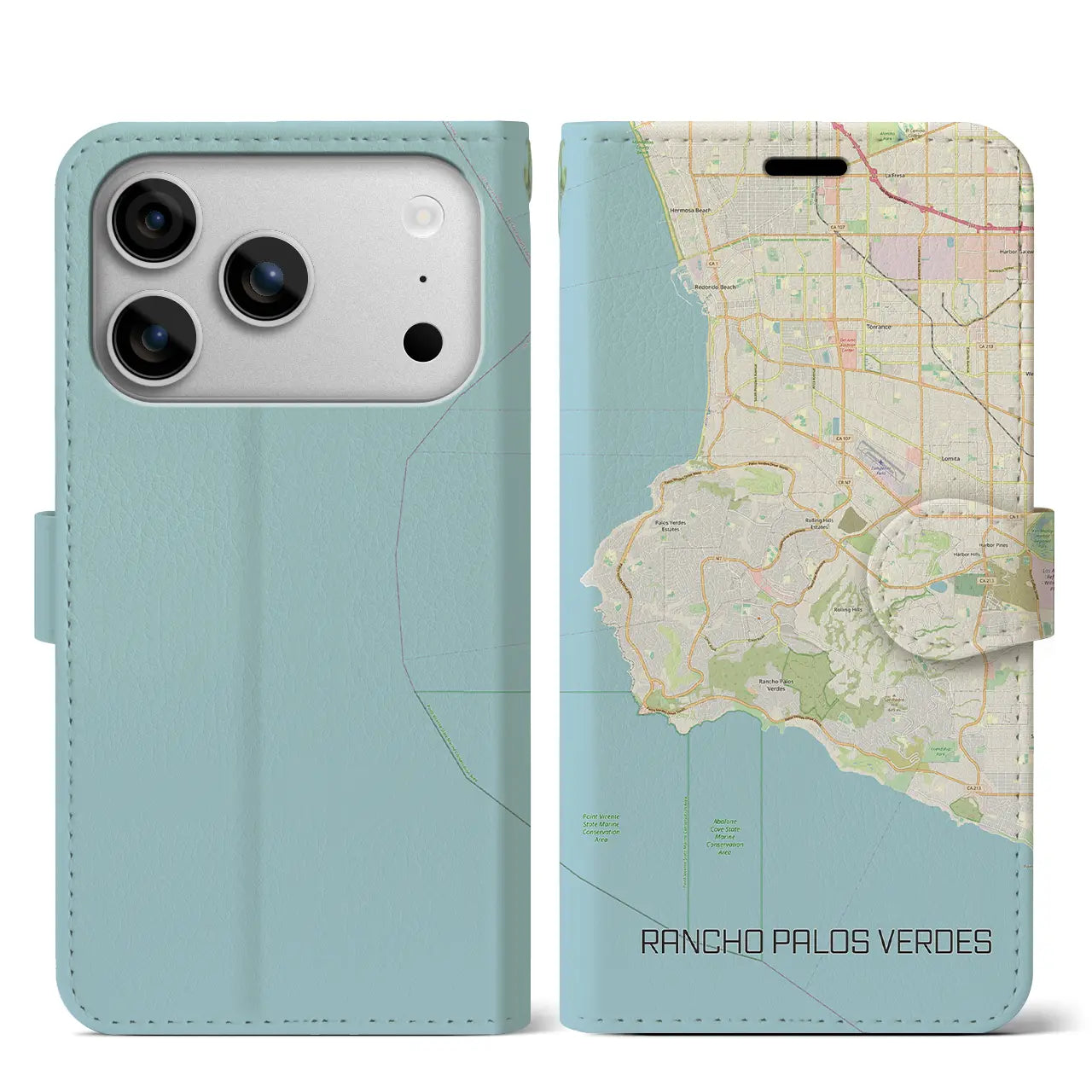 【ランチョ・パロス・ベルデス(アメリカ)】地図柄iPhoneケース(手帳タイプ)モノトーン・iPhone 17 Pro Max 用