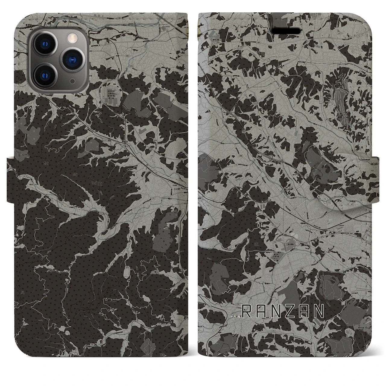 【嵐山(埼玉県)】地図柄iPhoneケース(手帳タイプ)モノトーン・iPhone 11 Pro Max 用