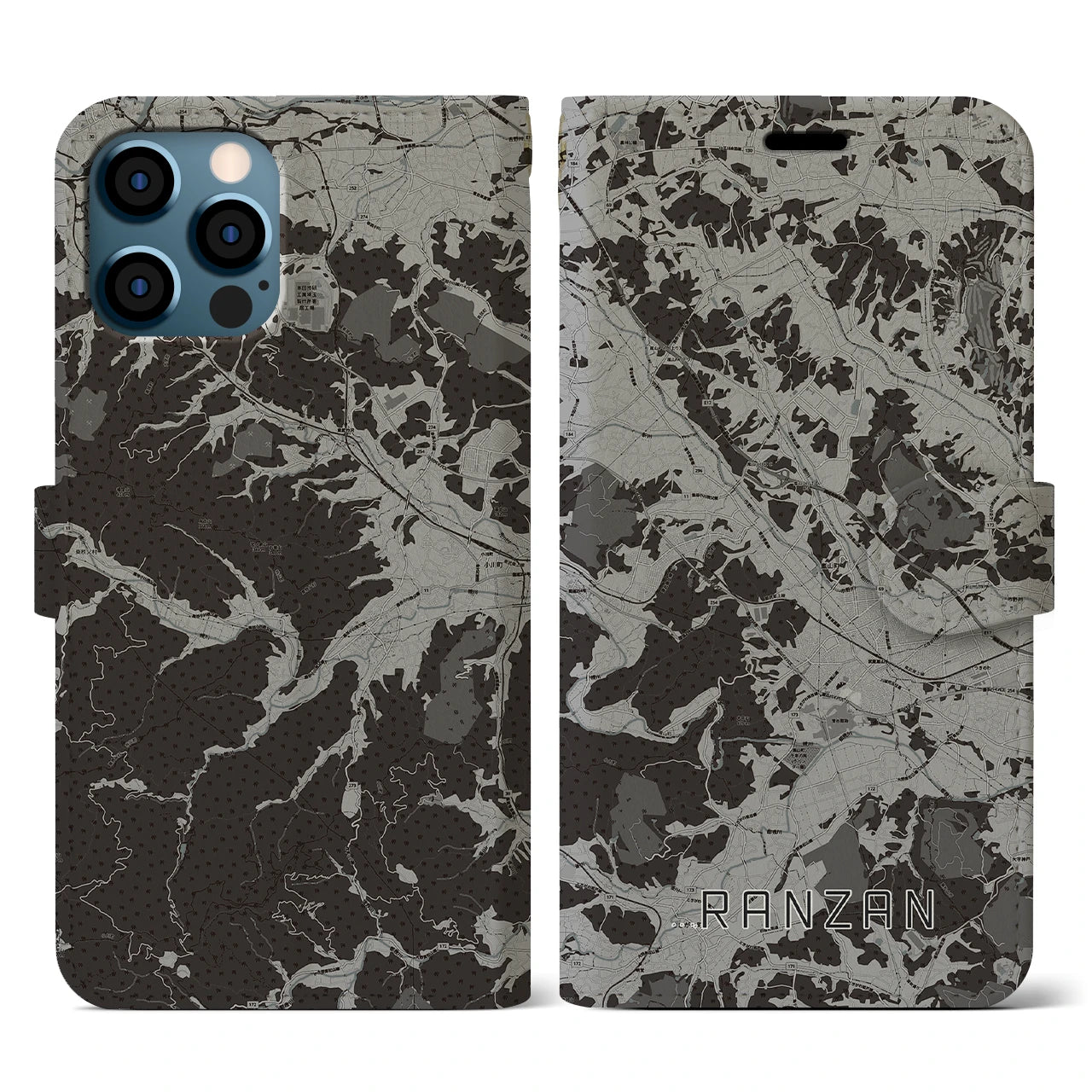 【嵐山(埼玉県)】地図柄iPhoneケース(手帳タイプ)モノトーン・iPhone 12 / 12 Pro 用