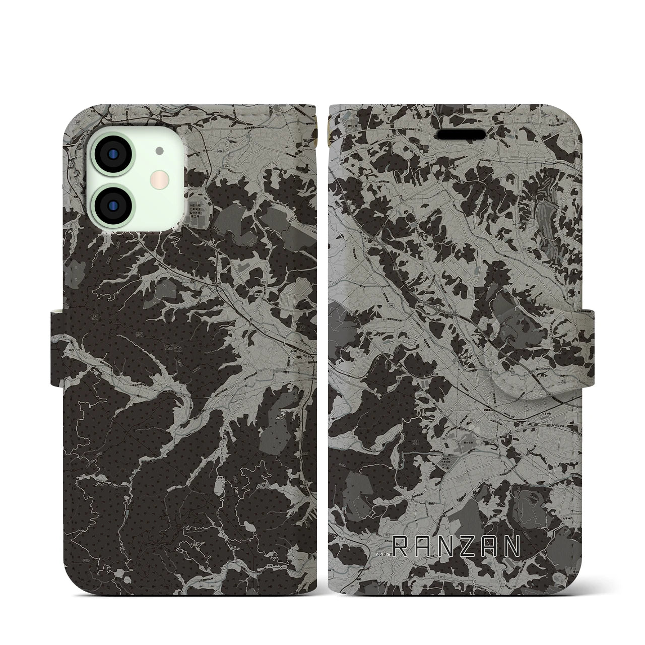【嵐山(埼玉県)】地図柄iPhoneケース(手帳タイプ)モノトーン・iPhone 12 mini 用