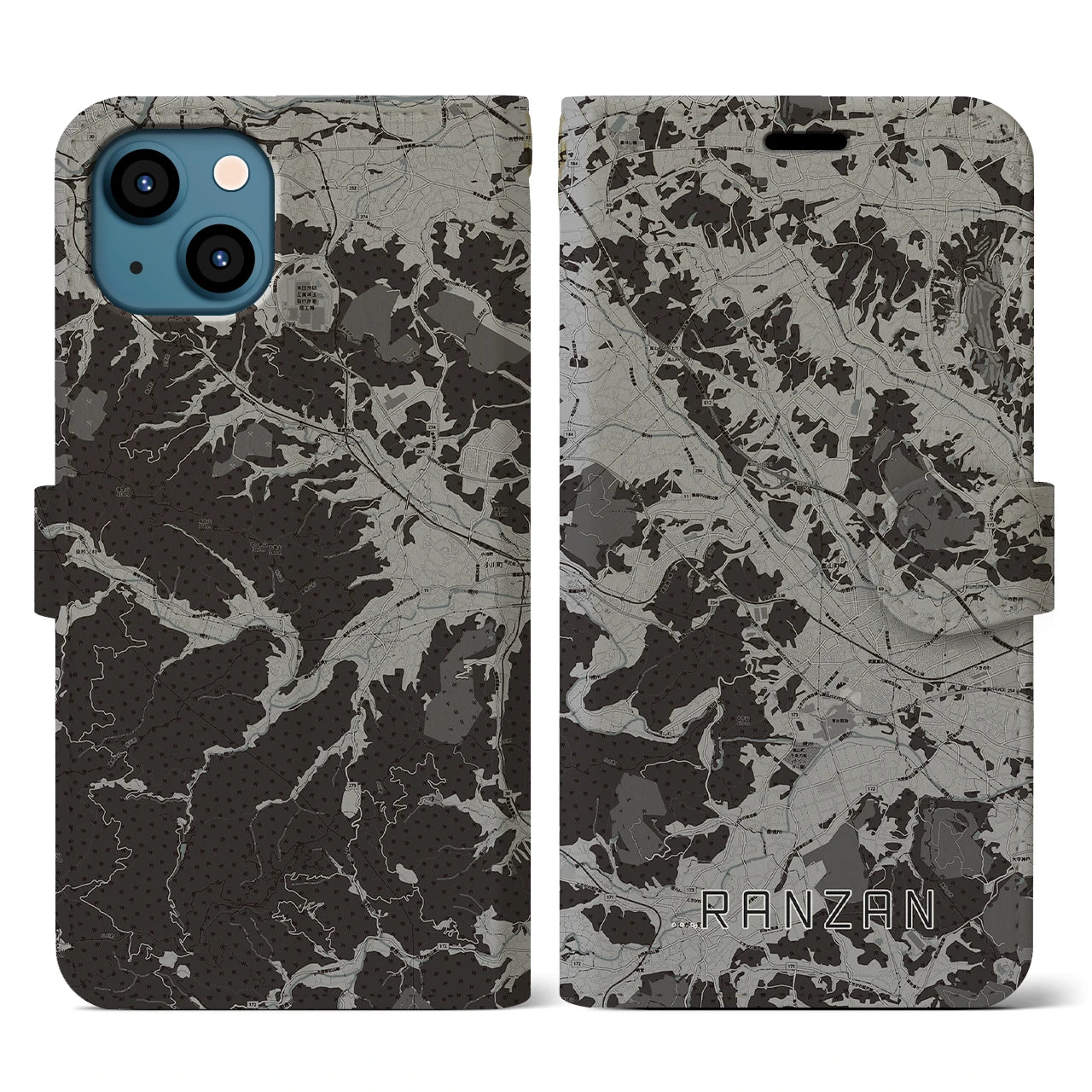 【嵐山(埼玉県)】地図柄iPhoneケース(手帳タイプ)モノトーン・iPhone 13 用