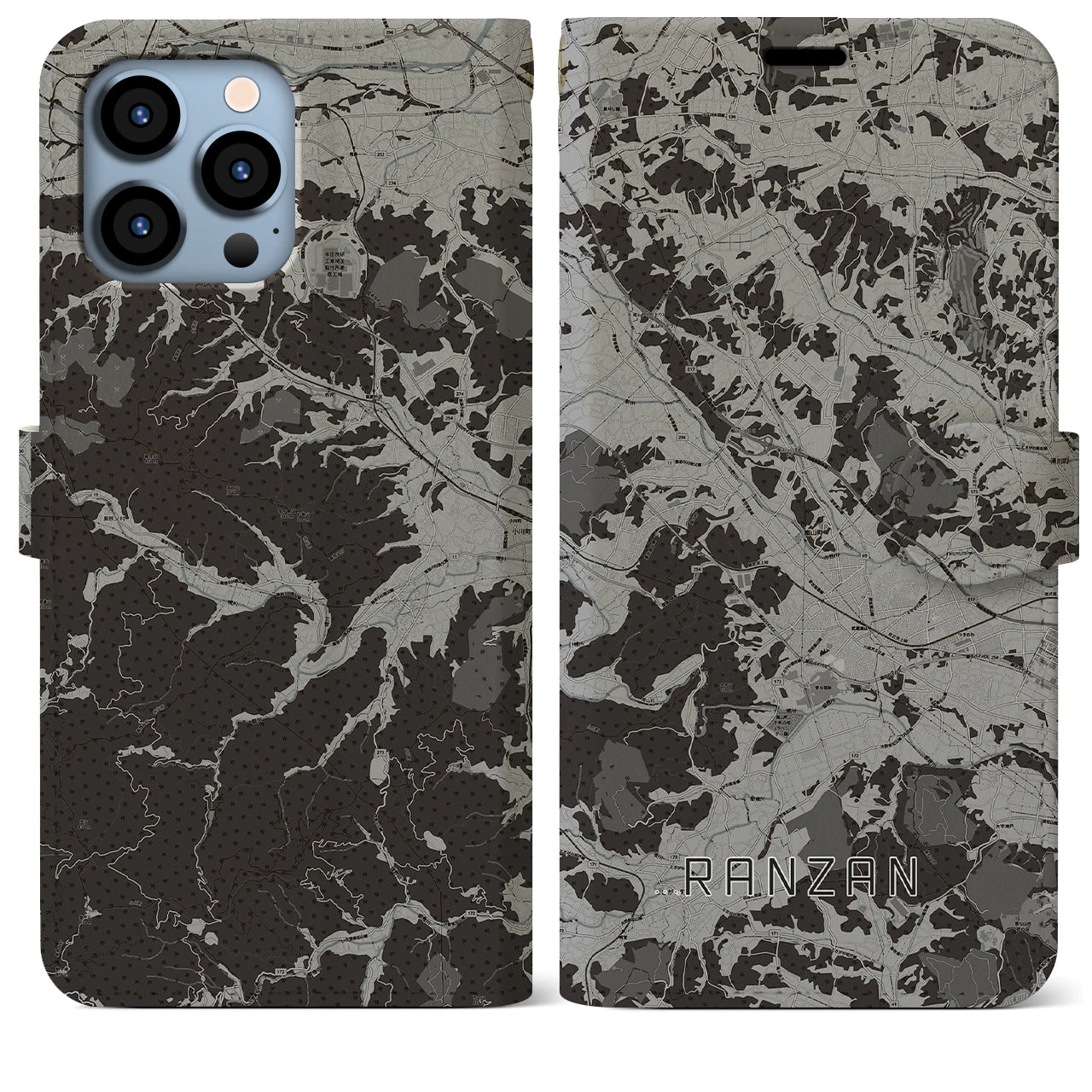 【嵐山(埼玉県)】地図柄iPhoneケース(手帳タイプ)モノトーン・iPhone 13 Pro Max 用