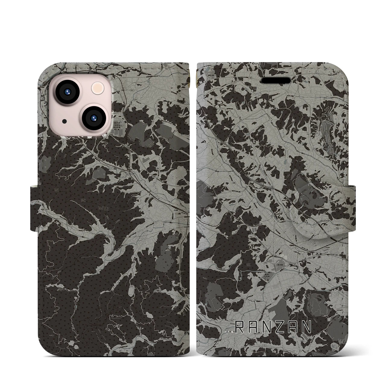 【嵐山(埼玉県)】地図柄iPhoneケース(手帳タイプ)モノトーン・iPhone 13 mini 用