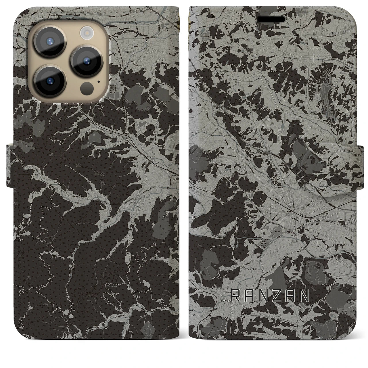 【嵐山(埼玉県)】地図柄iPhoneケース(手帳タイプ)モノトーン・iPhone 14 Pro Max 用